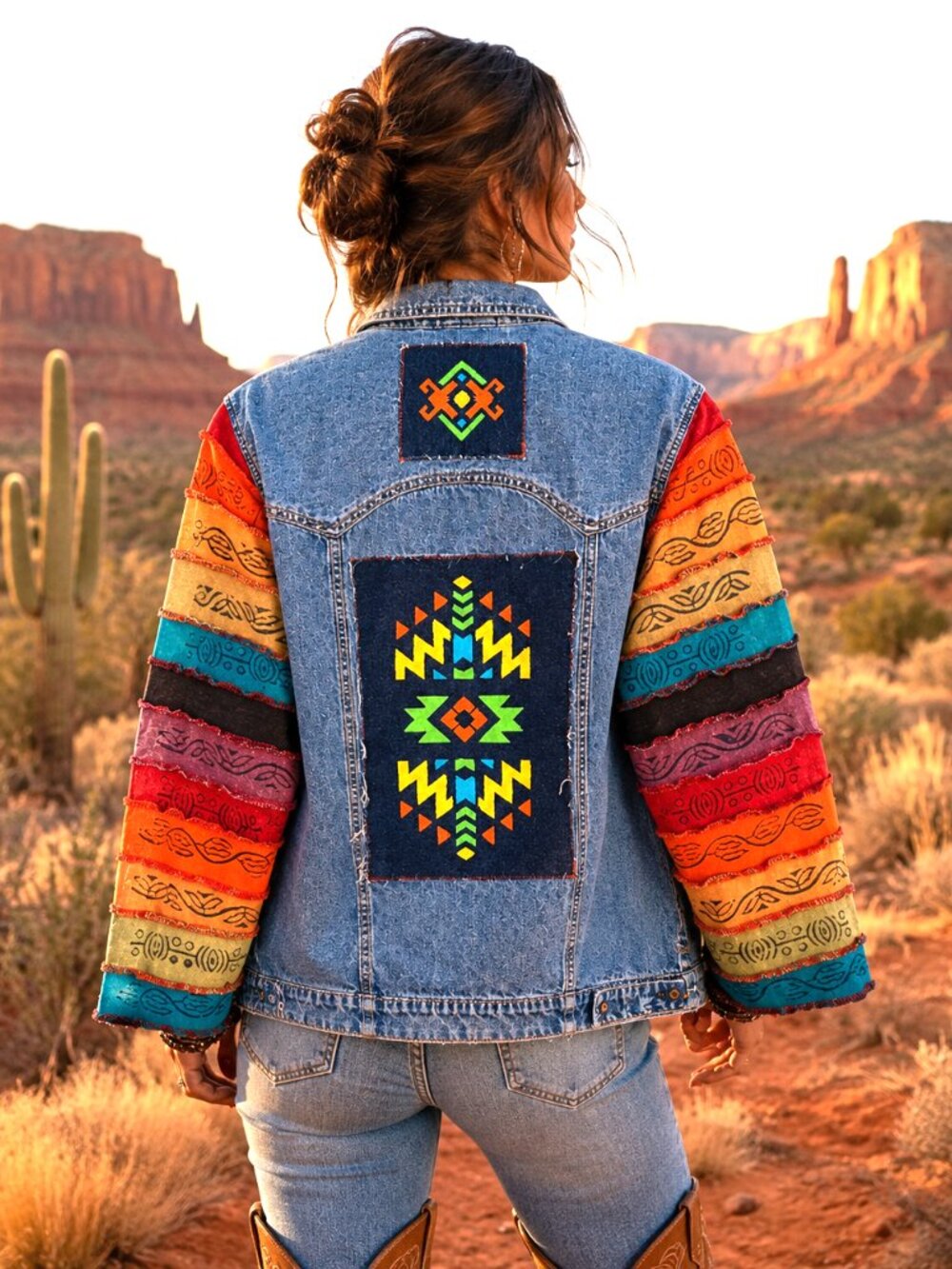 Upcycled Denim Jacket Hand-Painted Aztec Patches Rainbow Sleeves Size M